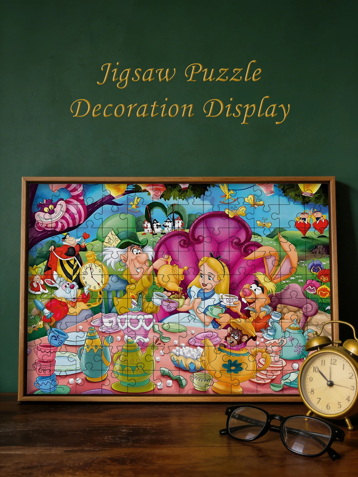 A colorful jigsaw puzzle depicting a tea party scene from Alice in Wonderland.
