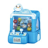 A blue mini claw machine toy for kids with a clear plastic box and a cute owl character.