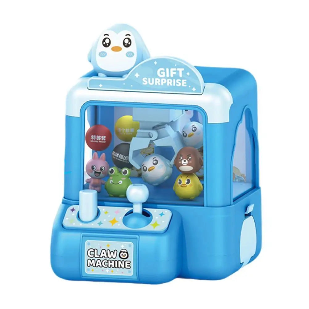 A blue mini claw machine toy for kids with a clear plastic box and a cute owl character.