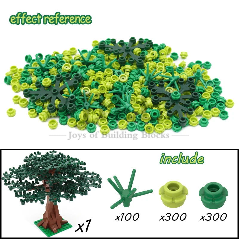 A set of green and black building blocks shaped like a cherry blossom tree, including seven units.