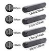 A set of four carbon steel stamping dies with varying diameters and lengths, shown next to corresponding measurements.