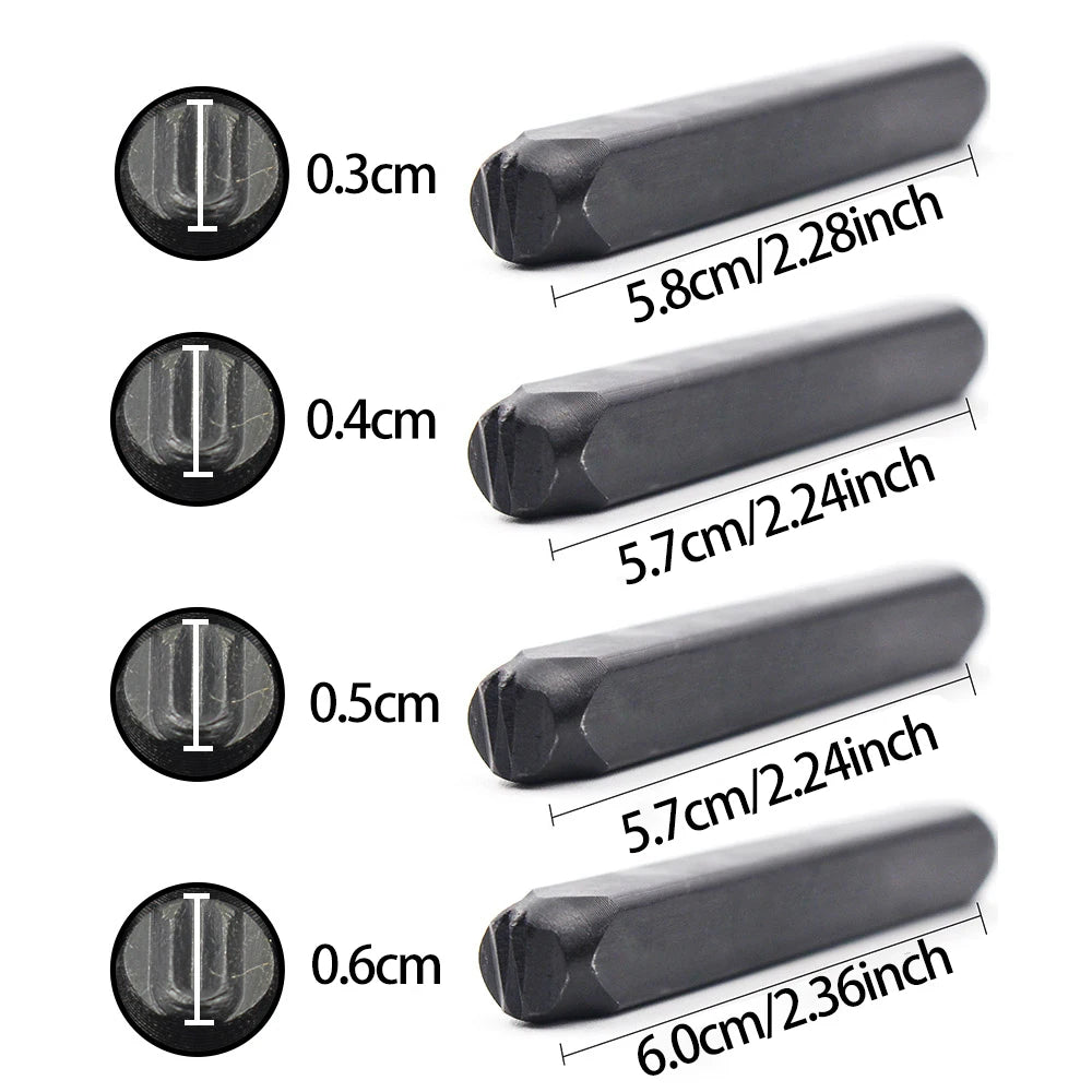 A set of four carbon steel stamping dies with varying diameters and lengths, shown next to corresponding measurements.