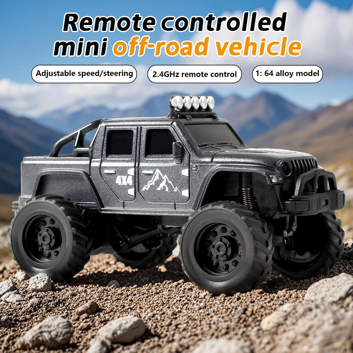 A black 1:64 scale off-road RC vehicle with a roll cage and large tires is shown on a rocky terrain.