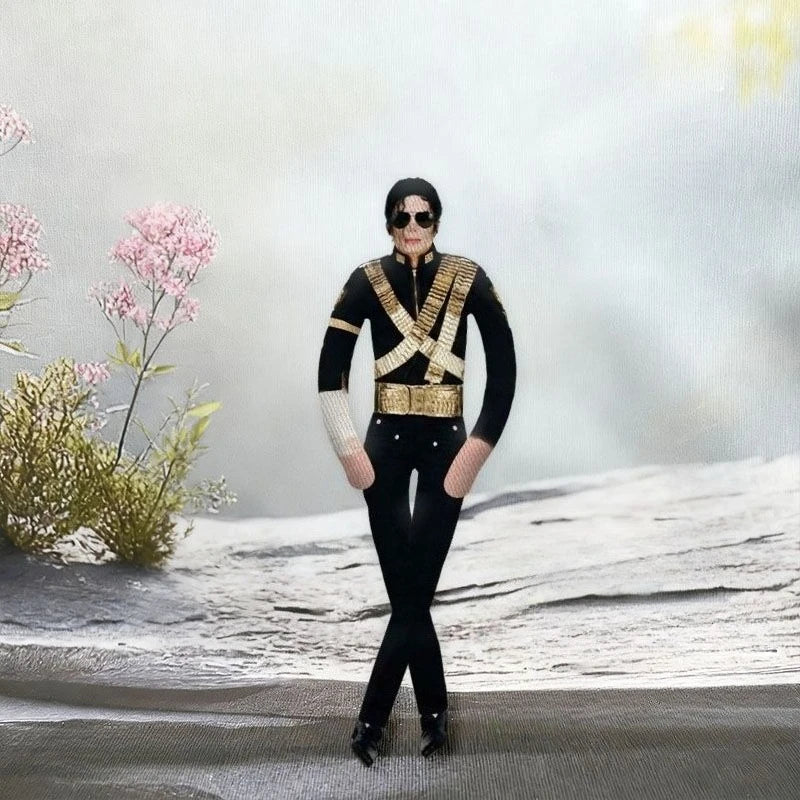 A black-clad figure resembling Michael Jackson stands against a white background.