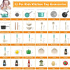 A grid showing 32 pieces of kids kitchen toy accessories including kettles, lids, woks, pots, spoons, forks, knives, and othe