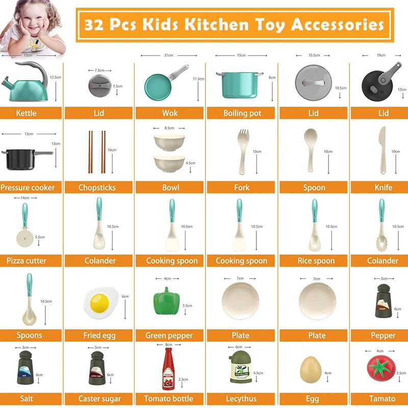 A grid showing 32 pieces of kids kitchen toy accessories including kettles, lids, woks, pots, spoons, forks, knives, and othe