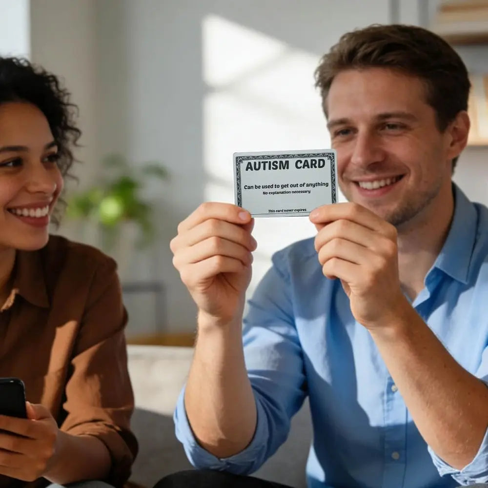 A man and a woman looking at an autism awareness card