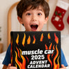 A young boy holds a black box labeled Muscle Car 2025 Advent Calendar with flames on the cover.