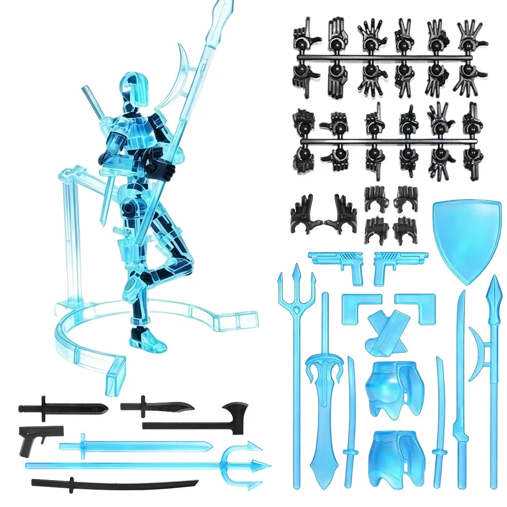 A clear plastic action figure and various accessories including weapons and display stands for building and posing.