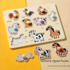 A wooden shape matching puzzle board featuring various animal cutouts like rooster, duck, pig, and horse for early learning.