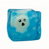 A translucent blue squishy toy shaped like a ghost with white features and snowflake details.