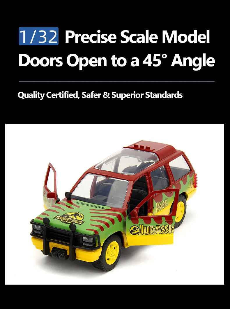 A 1/32 scale diecast model of a Jurassic Park Ford Explorer tour vehicle in green and yellow.