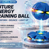 A blue energy training ball is shown with various features like impact resistance and light effects.