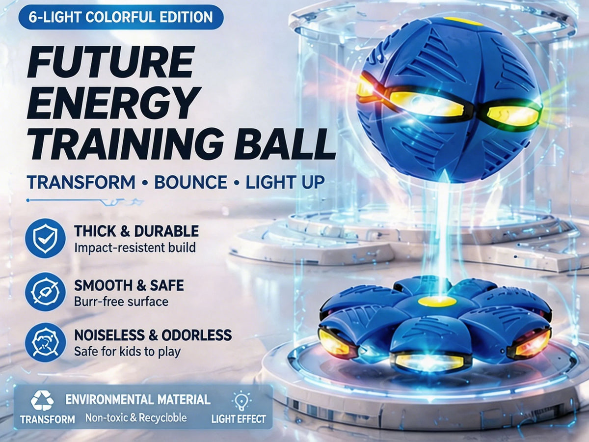 A blue energy training ball is shown with various features like impact resistance and light effects.