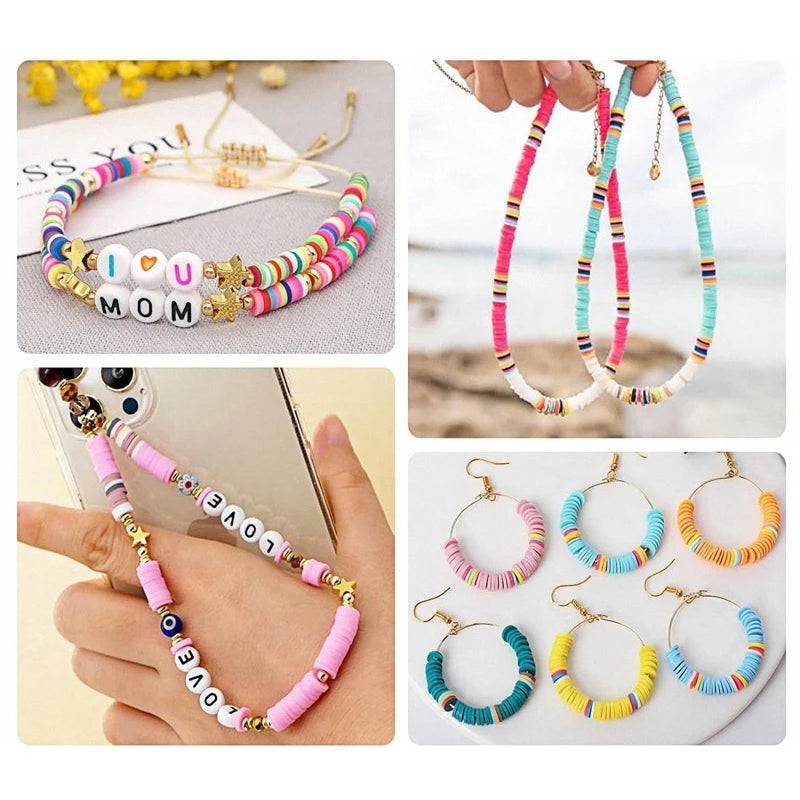 Assortment of colorful flat round polymer clay beads and stringing kits for DIY jewelry making