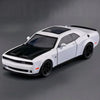 A white Dodge Challenger SRT Hellcat diecast model car with a black hood and roof, shown in a side profile.