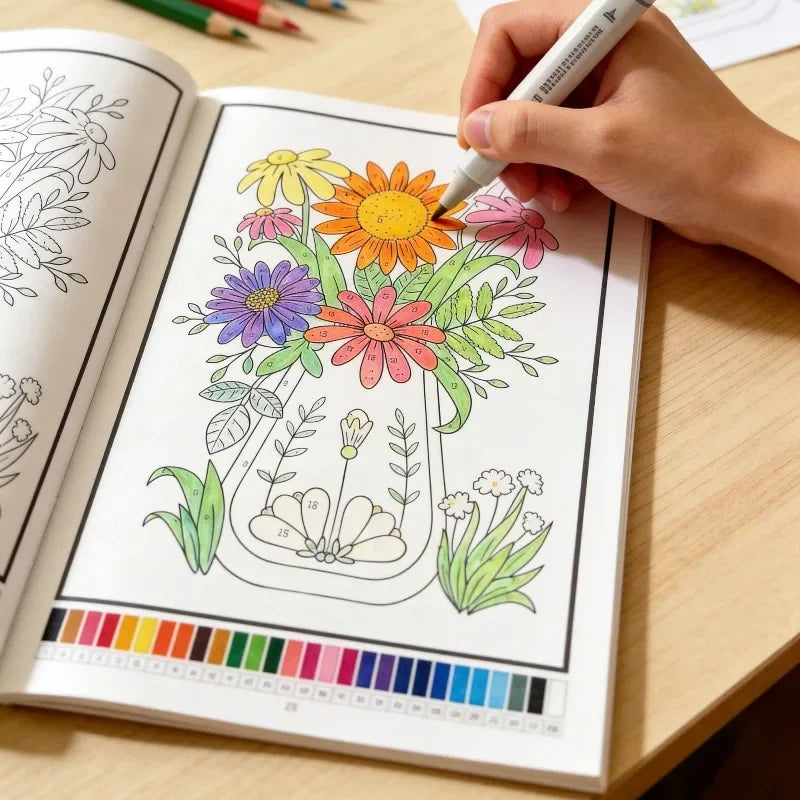 A hand is coloring a detailed floral pattern in a coloring book featuring various flowers and leaves.