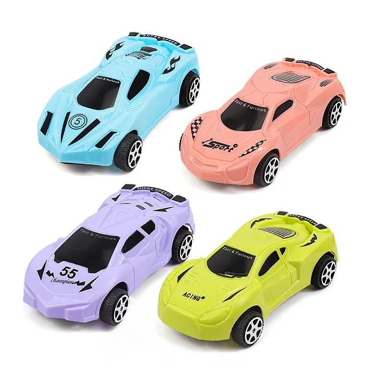 Four mini 1:64 scale off-road RC cars in blue, pink, purple, and yellow colors