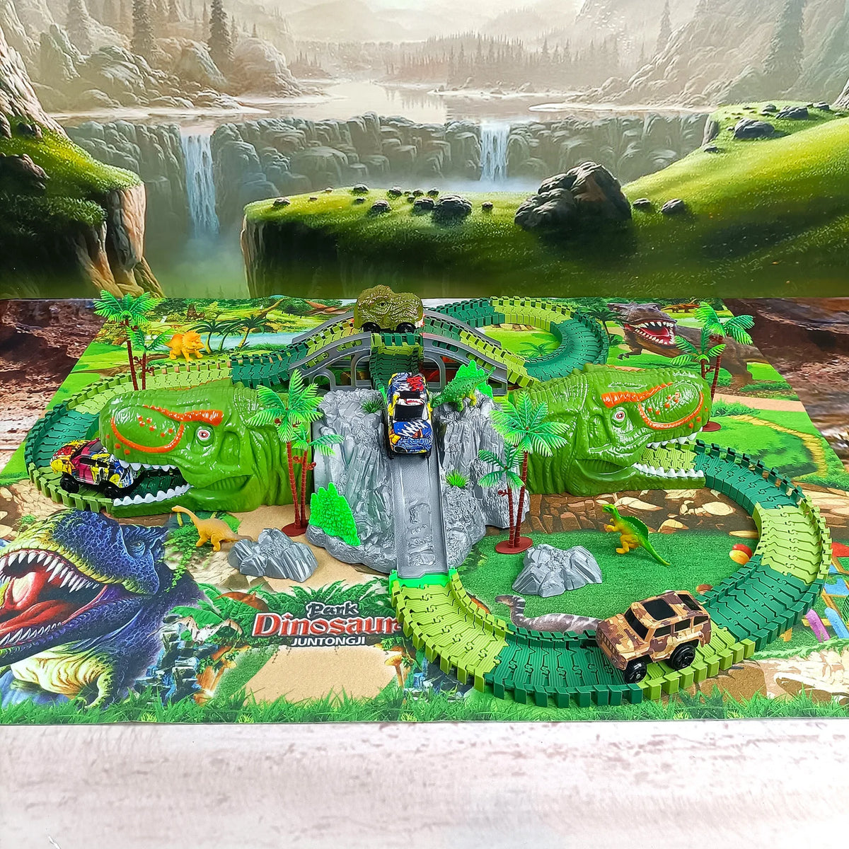 A buildable toy set featuring a dinosaur race car track with various terrain and obstacles.