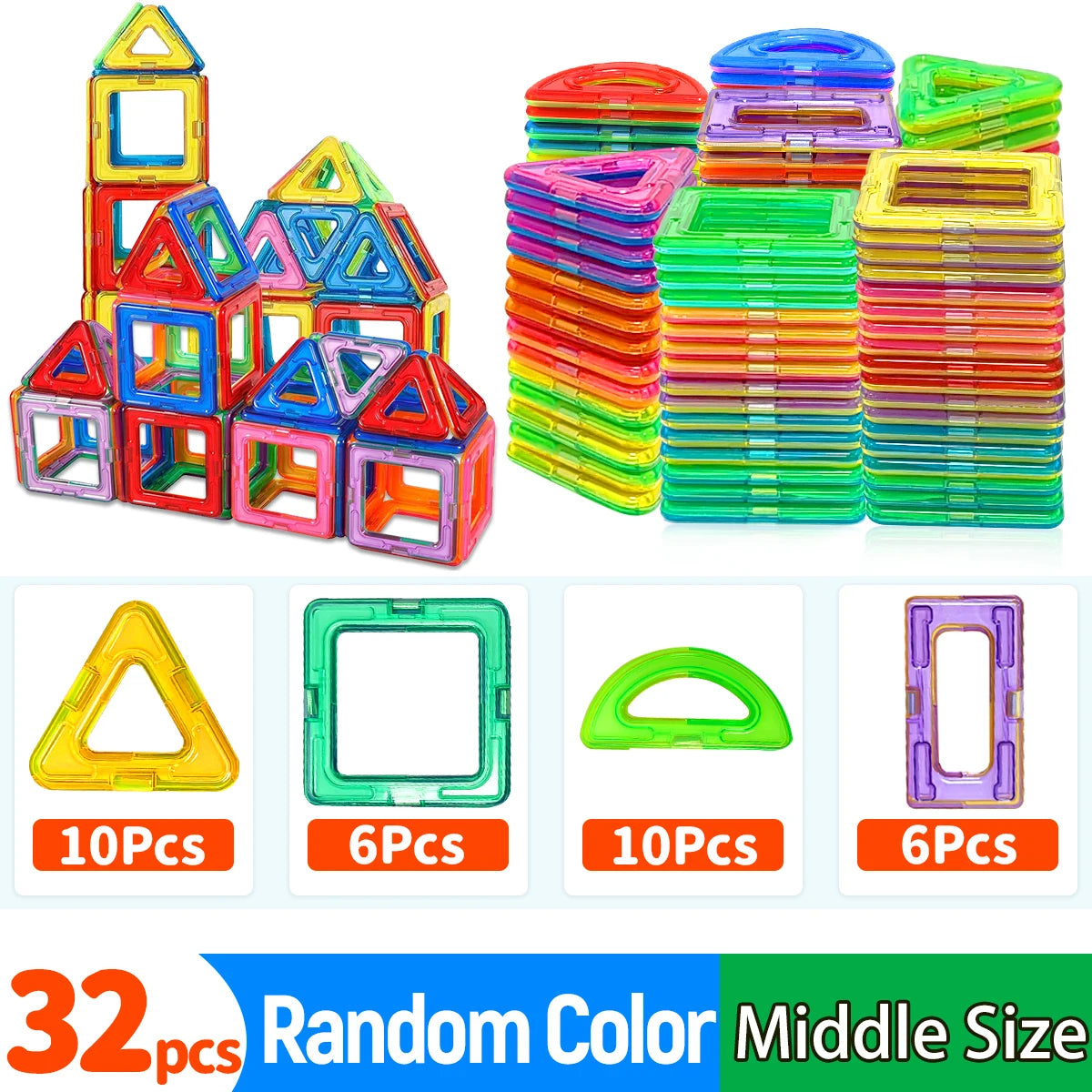 A collection of colorful magnetic building blocks in various shapes and sizes stacked in piles.