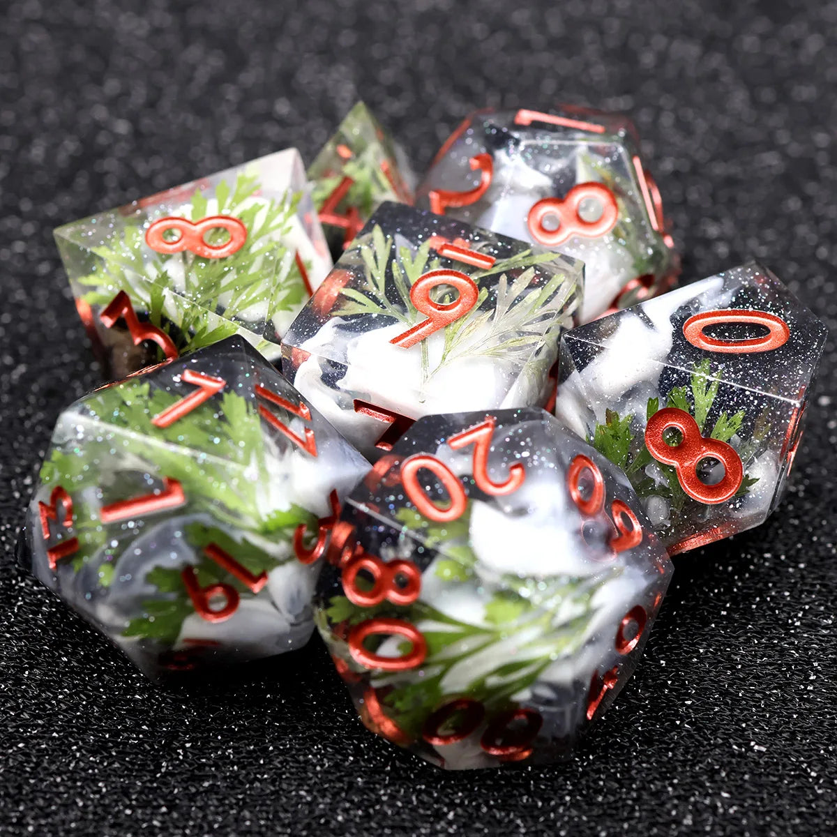 Handmade Resin D&D Dice Set – 7 Polyhedral Dice with Floral Design