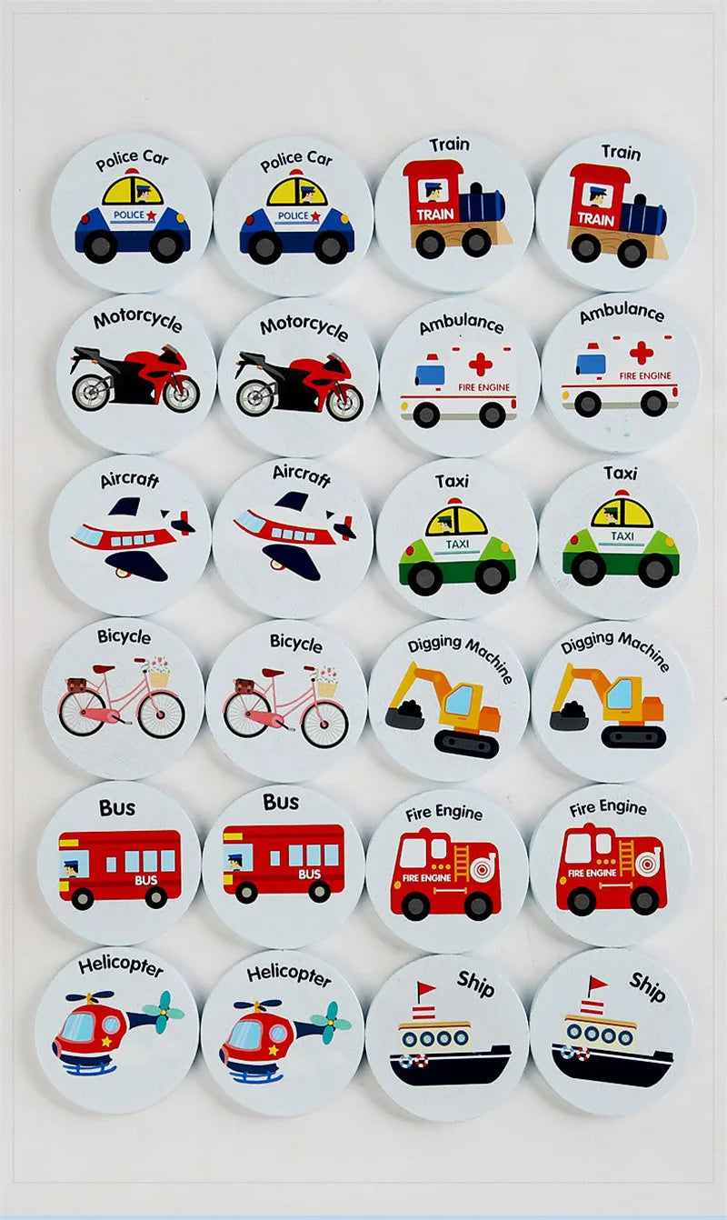 A collection of circular wooden memory matching game cards featuring various vehicles like police cars, trains, ambulances, t
