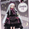 A detailed doll dressed in a black ruffled dress with pink accents and long white hair, featuring a small black animal access