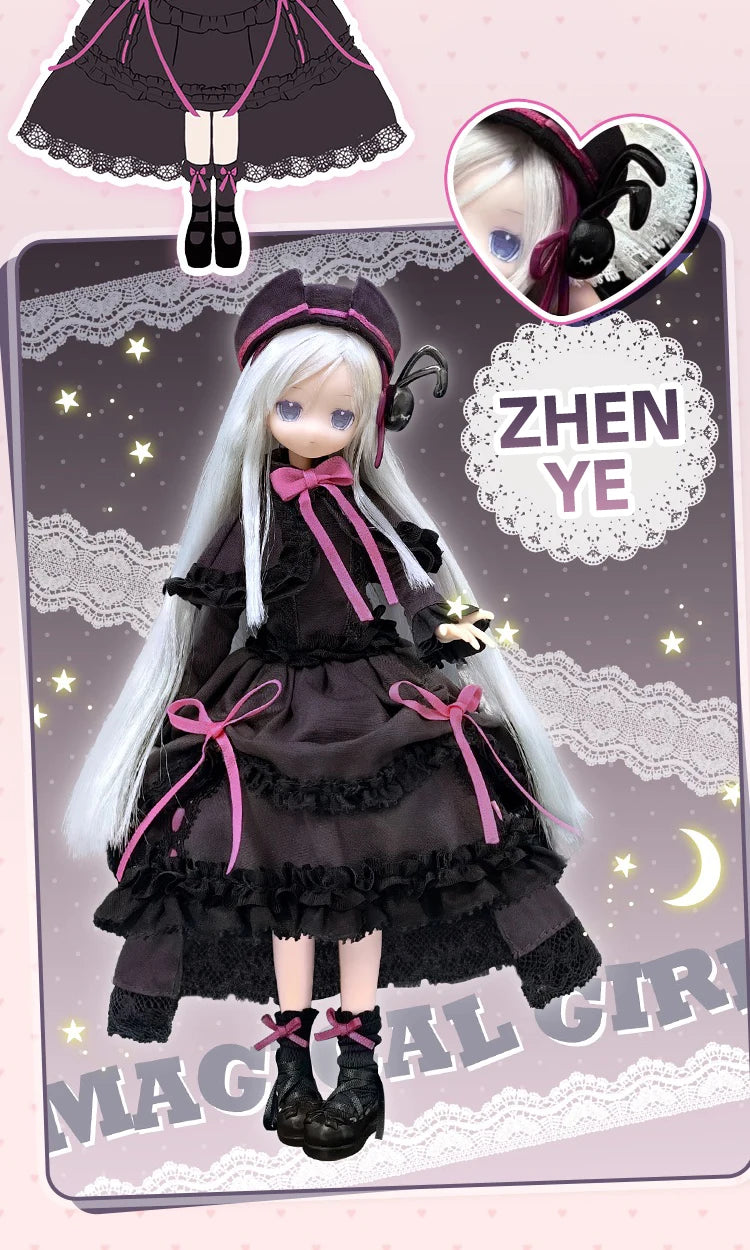A detailed doll dressed in a black ruffled dress with pink accents and long white hair, featuring a small black animal access