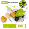 A green hay baler unit with a harvesting wheel and bale box is shown, along with a loose bale.