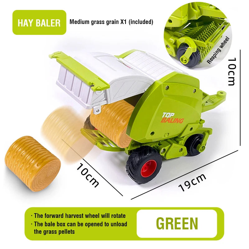 A green hay baler unit with a harvesting wheel and bale box is shown, along with a loose bale.