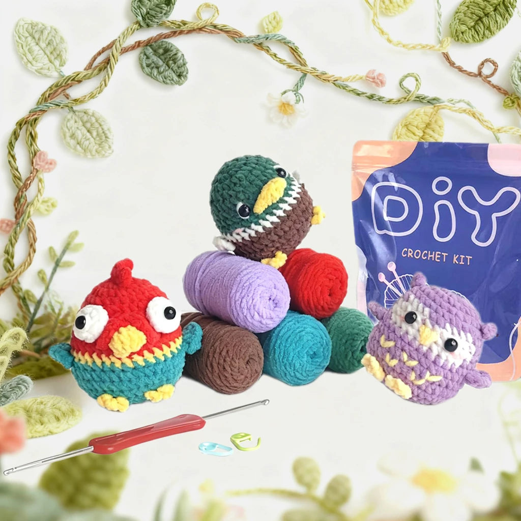 A DIY crochet kit featuring colorful bird amigurumi figures and green yarn vines.