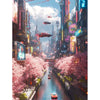 A vibrant cityscape scene featuring pink cherry blossoms lining a narrow canal and tall buildings.
