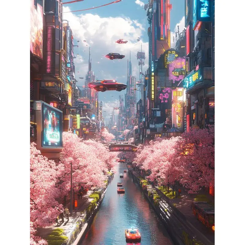 A vibrant cityscape scene featuring pink cherry blossoms lining a narrow canal and tall buildings.