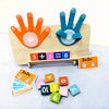 A wooden finger counting math toy showing five, three, and eight fingers, along with number tiles.