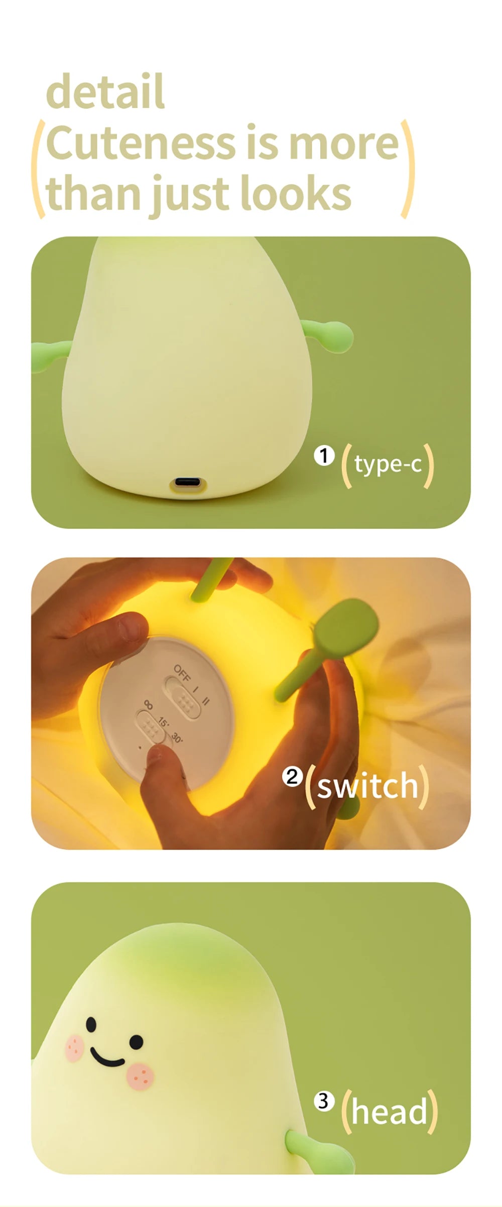 Three views of a soft yellow pear-shaped night light showing its type-c port, switch, and head design.