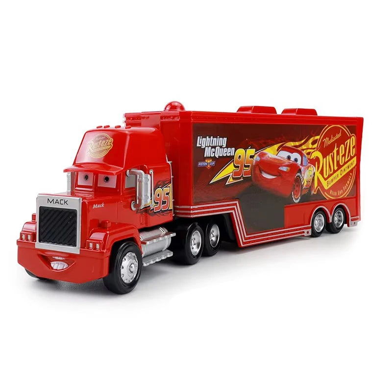 A red Lightning McQueen diecast toy hauler truck with a custom cargo box and detailed graphics.