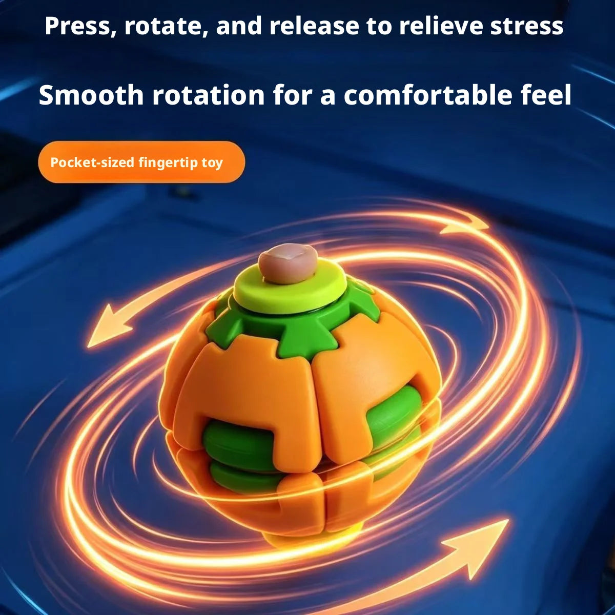 An orange and green ball fidget toy is shown rotating rapidly, illustrating a smooth spiral motion for stress relief.
