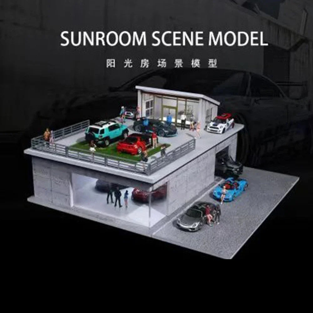 A detailed 1:64 scale mini garage diorama featuring various diecast cars and a small building model.