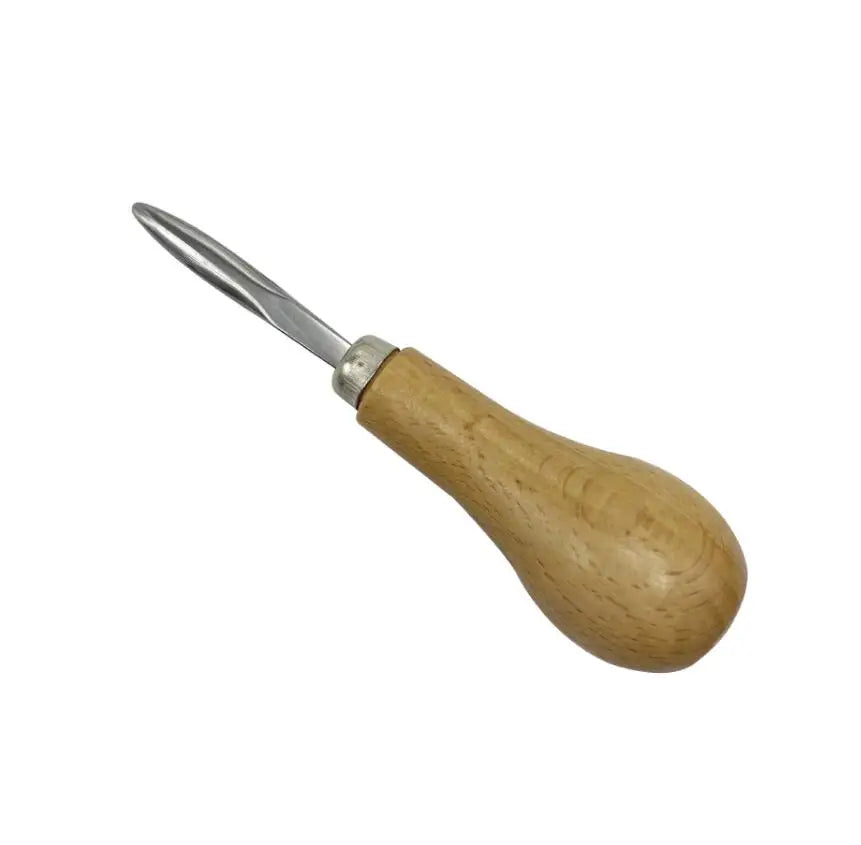 A professional bezel setting pusher tool with a silver tip and a wooden handle.