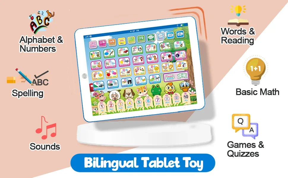 A bilingual tablet toy displaying various educational activities like alphabet, spelling, sounds, math, and games for childre