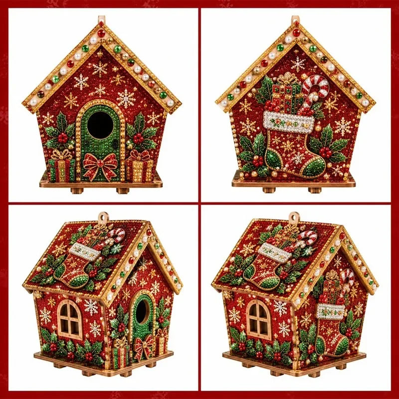 DIY pearl art Christmas cottage ornament kit featuring a detailed red wooden house with green foliage and festive decorations