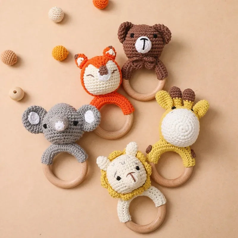 Crochet Bunny Rattle & Teether Toy with Wooden Ring