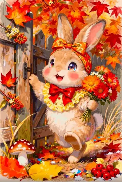 A fluffy brown rabbit with large ears is featured in a vibrant autumn scene surrounded by red and orange leaves.