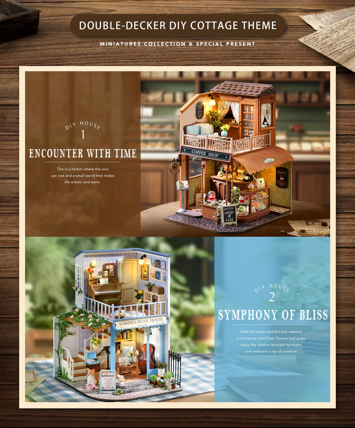 A set of two diorama miniature dollhouses featuring detailed wooden structures and scenic elements.