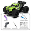 A green off-road remote control car is shown with its battery, remote control, screwdriver, and instruction manual.