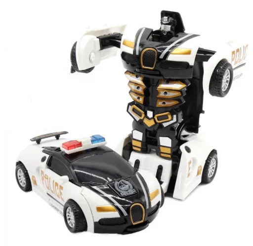 A black and white transforming car robot toy with police accents.