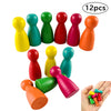 A set of twelve wooden game pawns in six bright colors, including yellow, green, red, and orange.