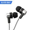 A pair of silver gray in-ear wired earbuds with black silicone tips and a braided cord.
