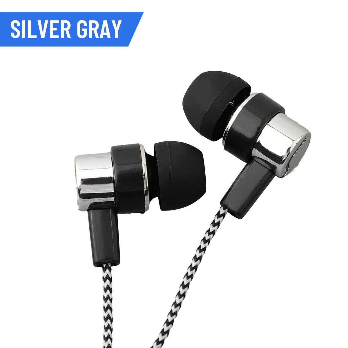 A pair of silver gray in-ear wired earbuds with black silicone tips and a braided cord.