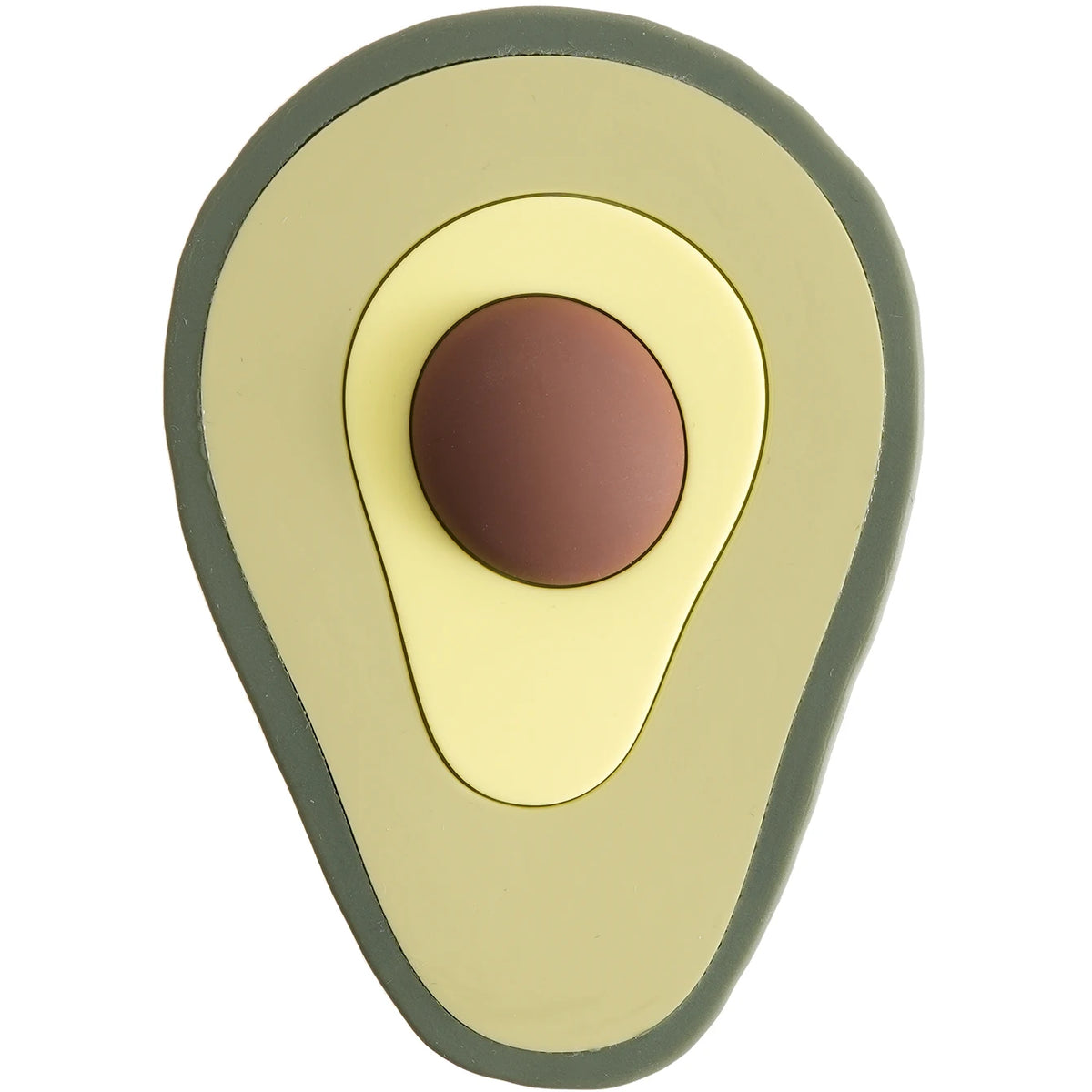 A silicone baby teether set featuring fruit and vegetable shapes in shades of green, yellow, and brown.